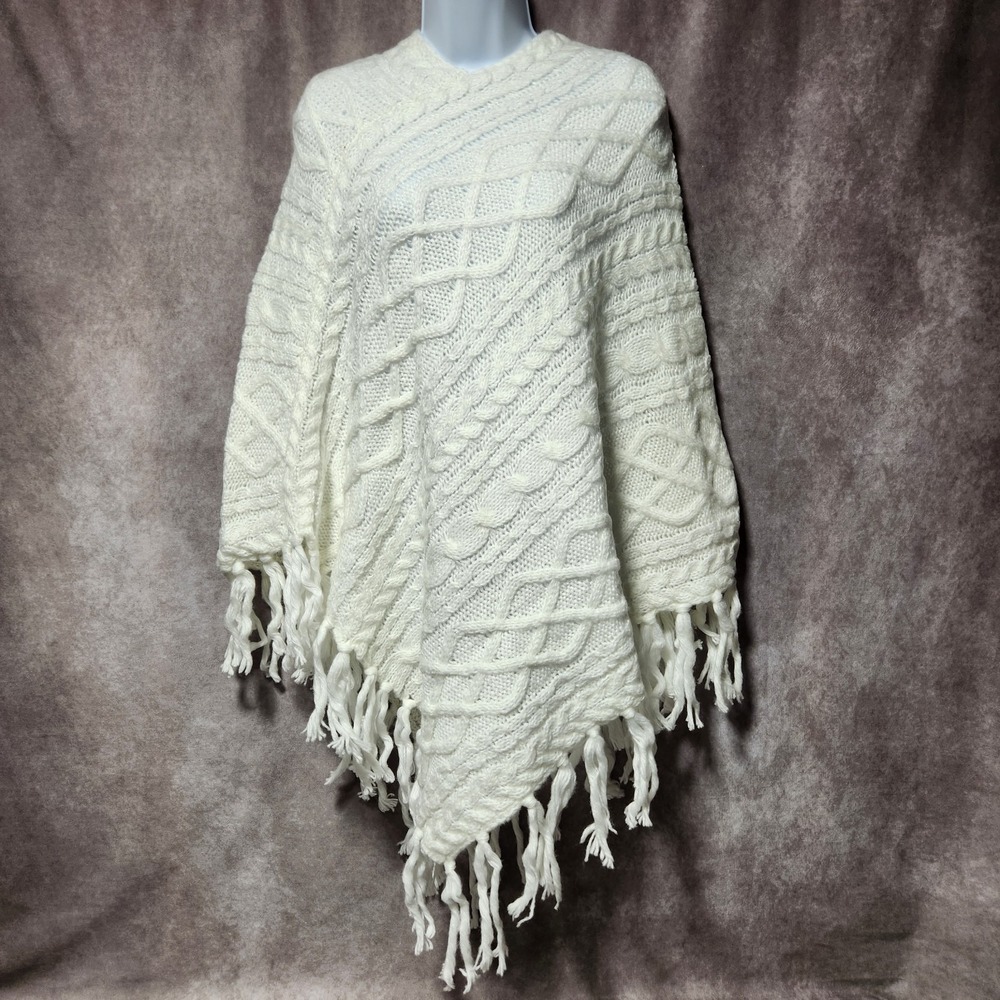 women's AERIE Ivory Cable Knit fringe PONCHO sweater pullover One Size NWT
